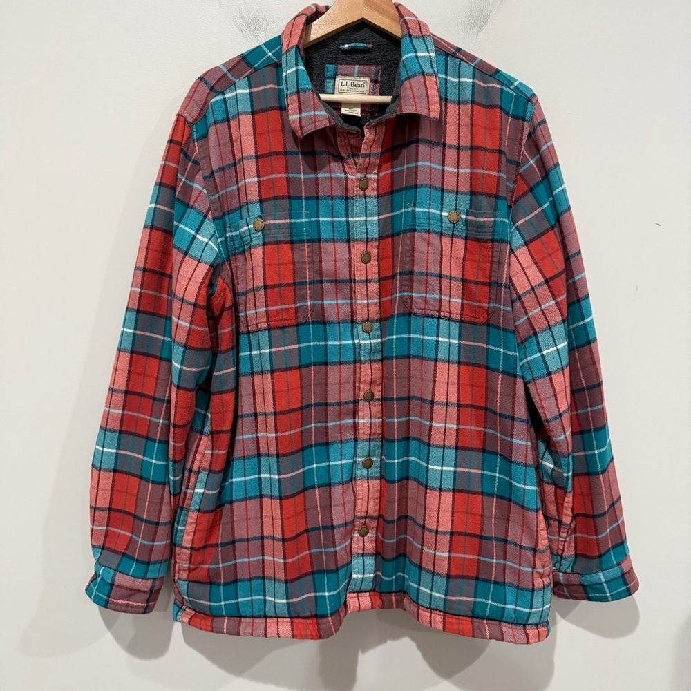 LL BEAN Sherpa Lined Shirt Jacket Mens Large Plaid Shacket Workwear Pockets